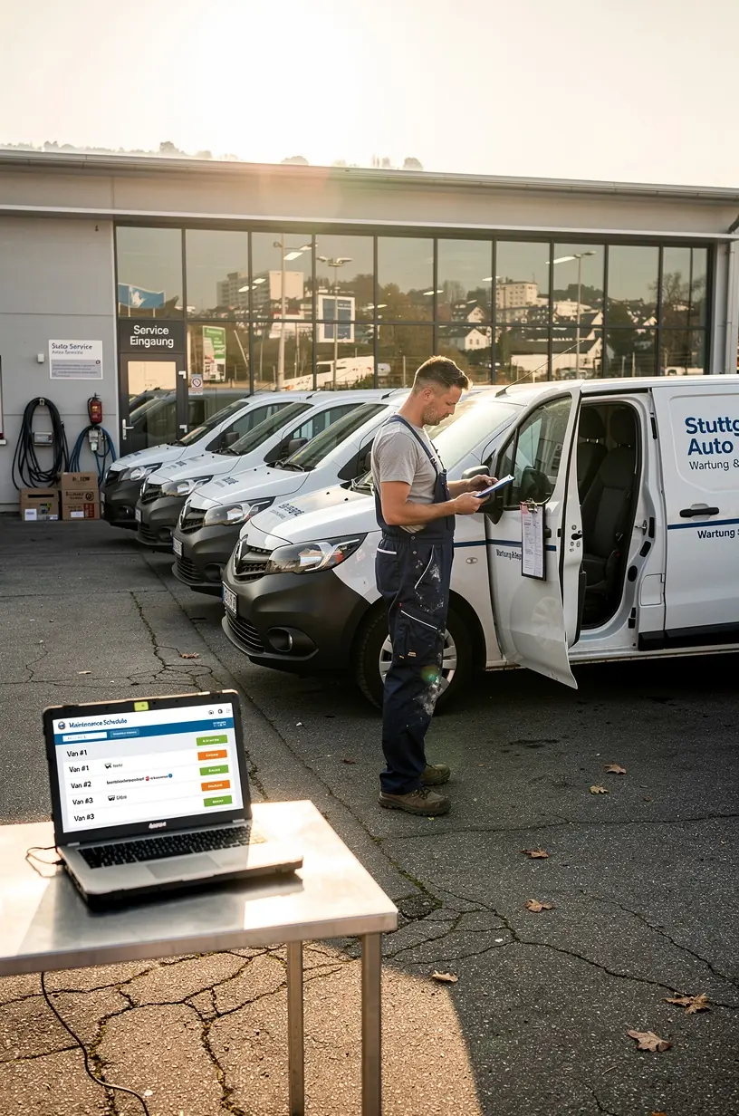 Zufriedener Unternehmer übergibt Schlüssel an Werkstattpersonal für geplanten Service seines Fuhrparks.