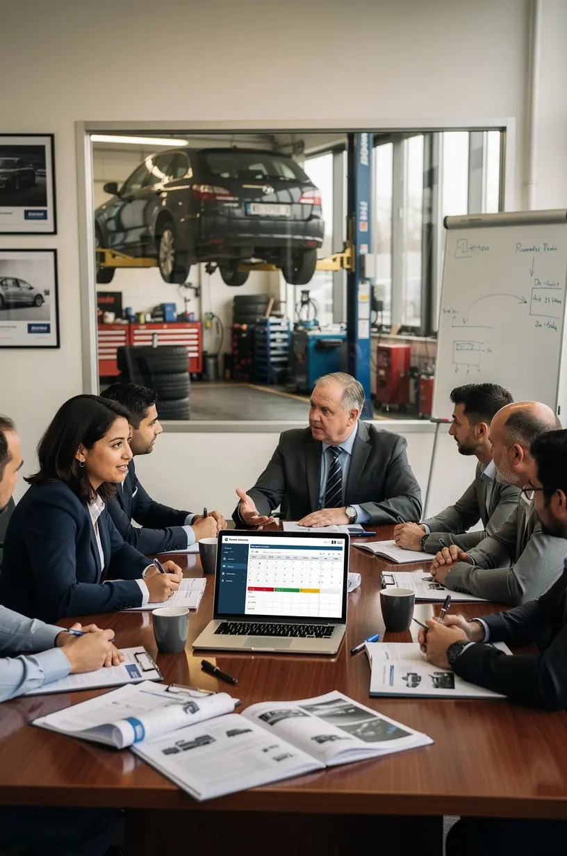 Techniker justiert Motor eines Firmenwagens während routinemäßiger Wartung zur Sicherstellung der Betriebssicherheit.